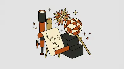 Stylized astronomical tools including a telescope, a star chart of Orion, and a celestial globe.