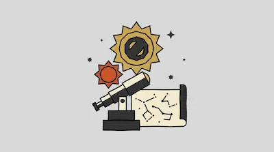 A telescope, a star map, and two stylized suns are surrounded by small stars.