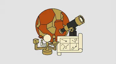 A telescope, a star chart, and an orrery are positioned in front of a large, stylized orange planet.