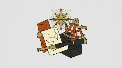 A stylized collection of nautical and astronomical tools, including a compass rose, a sextant, a telescope, and a star chart.