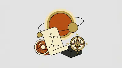 A stylized arrangement of a ringed planet, a scroll showing a constellation, a compass rose, and a camera shutter.