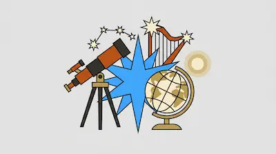 A telescope on a tripod, a large blue star, a globe, and a harp are grouped together.