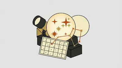 A telescope, two large spheres, and a star chart are grouped with stars and constellation lines.