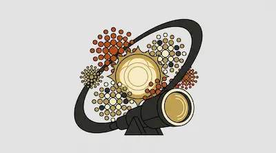 A telescope points toward a central sun-like object surrounded by clusters of small circles and a large dark ring.