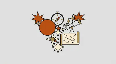 A cluster of astronomy-themed icons including a telescope, compass, star map, and several multi-pointed stars.