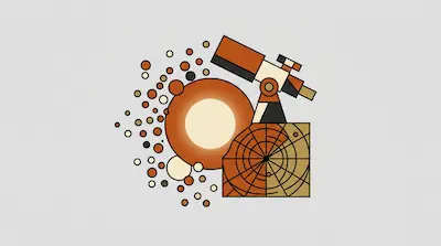 A geometric illustration of a telescope next to a large orange circle and many smaller circles in earth tones.
