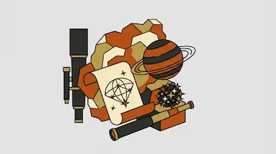 A collection of astronomy-themed objects including telescopes, a ringed planet, and a star chart scroll against a geometric, rocky background.