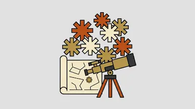 A telescope on a tripod stands in front of a star map scroll with several eight-pointed star shapes floating above.