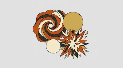 Stylized graphic shapes including a spiral, a starburst, and two circles in shades of orange, cream, and dark gray.