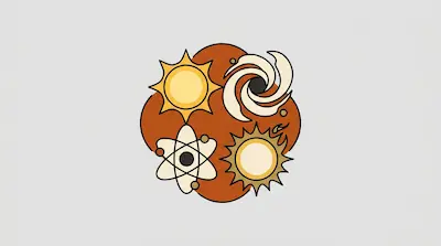 Stylized icons of a sun, a spiral galaxy, an atom, and a star arranged on a circular orange background.