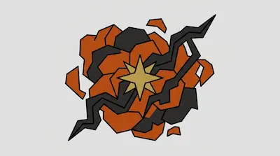 A gold six-pointed star centered in a cluster of orange and dark gray geometric shapes and jagged lines.