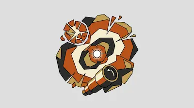 A telescope points toward a central white light surrounded by jagged, concentric rings of orange, cream, and dark gray.