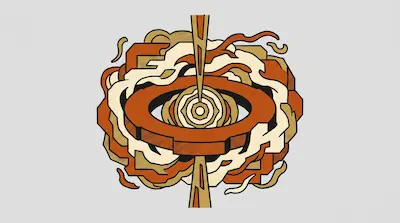 A central eye-like shape is surrounded by a large notched ring and swirling, cloud-like forms in shades of orange, tan, and cream.