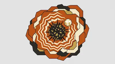 Geometric circular graphic with jagged concentric layers of orange, cream, and dark grey surrounding a spiky dark core and a small faceted sphere.