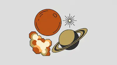 A large orange planet, a ringed planet, a star, and a cluster of geometric shapes.
