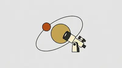 Flat illustration of a telescope pointed at a large yellow planet with a smaller red moon in orbit on a gray background