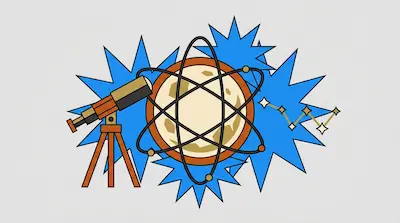 A telescope, a moon with an atomic model, and a constellation against blue starburst shapes.