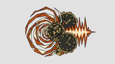 A geometric design featuring a central faceted sphere, a spiral of orange and cream shapes, two clock faces, and a jagged waveform.
