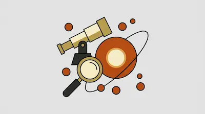 A telescope, magnifying glass, and a ringed planet surrounded by small circles.