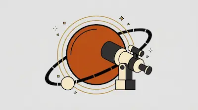 A telescope is positioned in front of a large orange planet with rings and a small moon.