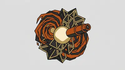 A telescope emerges from a glowing orb surrounded by orange and black swirls and gold geometric shapes.