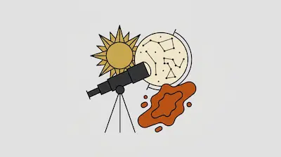 Flat illustration of a telescope on a tripod next to a sun icon and a celestial globe with constellations