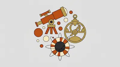 Flat illustration of a telescope, an astrolabe, and a stylized atom in orange and gold tones on a grey background