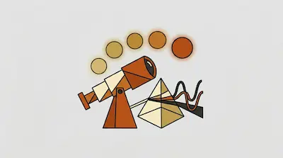 Flat illustration of a telescope, a glass prism refracting light, and glowing circles on a light gray background