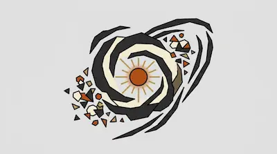 Flat illustration of a stylized sun at the center of a swirling black and cream galaxy with geometric debris.