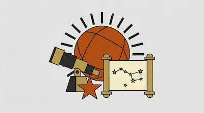 Flat illustration of an orange globe, a telescope, and a star chart scroll with a constellation on a gray background