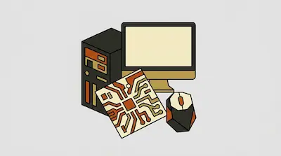 A desktop computer tower, monitor, mouse, and a circuit board.