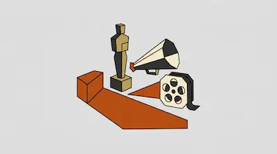 A trophy, a megaphone, and a film reel are arranged around a geometric orange shape.