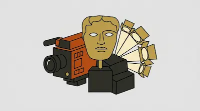 A gold mask on a pedestal is positioned between an orange movie camera and a fan of studio lights.