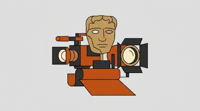 A stylized graphic of a golden mask integrated with film production equipment, including a camera lens and a studio light.