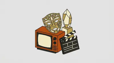 A collection of entertainment icons including a vintage television, a decorative gold mask, a trophy, and a movie clapperboard.