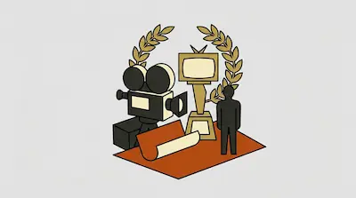 A movie camera, a television trophy, and a human silhouette stand on a red carpet framed by a laurel wreath.