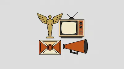 A winged golden statue, a vintage television, a decorative envelope, and a megaphone.