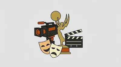 A video camera, a gold award statue, a clapperboard, and theater masks are grouped together.
