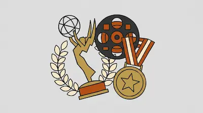 A winged trophy holding a globe, a film reel, a star medal, and a laurel wreath are grouped together.