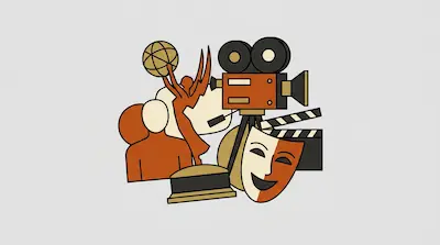 A collection of stylized film and theater icons, including a movie camera, clapperboard, theater mask, and an award statue.