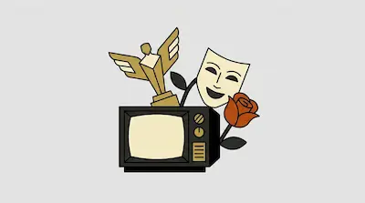 A vintage television set with a golden winged trophy, a smiling theater mask, and a red rose.