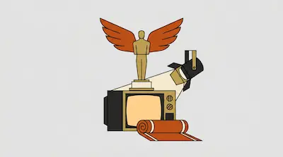 A gold winged statue stands on a vintage television, illuminated by a spotlight with a red carpet in the foreground.