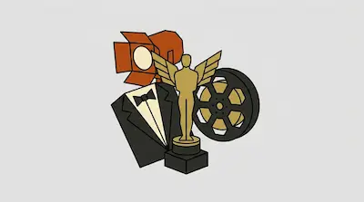 A collection of icons featuring a studio light, a tuxedo, a golden trophy with wings, and a film reel.