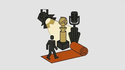 A spotlight shines on a gold trophy and a microphone as a figure walks along a red carpet.