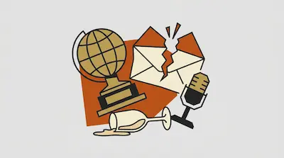 A globe trophy, a torn envelope, a microphone, and a spilled wine glass are grouped together.