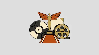 A golden winged trophy is surrounded by a vinyl record, a film reel, and a script.