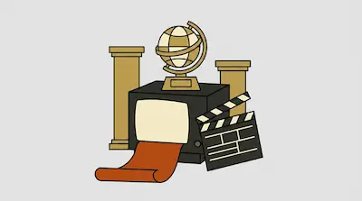 A vintage television with a red carpet rolling out of the screen, a globe trophy on top, a film clapperboard, and two golden pillars.
