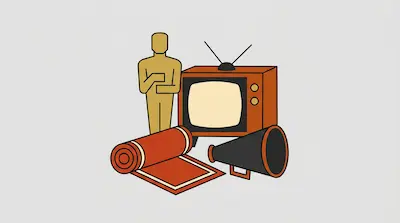 A gold humanoid statue, a vintage television, a rolled red carpet, and a megaphone are grouped together.