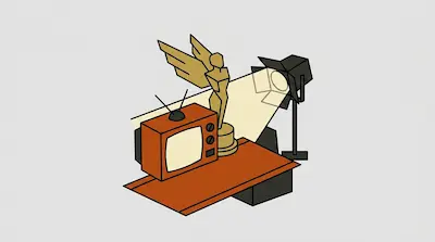 A vintage orange television and a golden winged trophy are illuminated by a studio spotlight on a red platform.