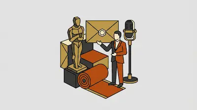 A man in a two-toned suit stands among a large gold envelope, a gold humanoid statue, a vintage microphone, and a red carpet.